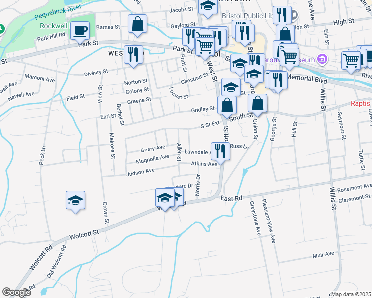 map of restaurants, bars, coffee shops, grocery stores, and more near 88 Lawndale Avenue in Bristol