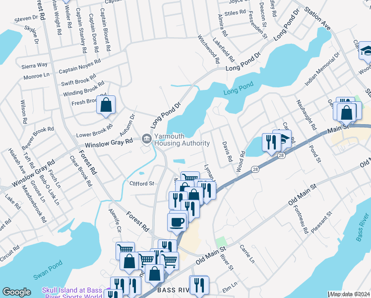 map of restaurants, bars, coffee shops, grocery stores, and more near 21 Turtle Cove Road in Yarmouth