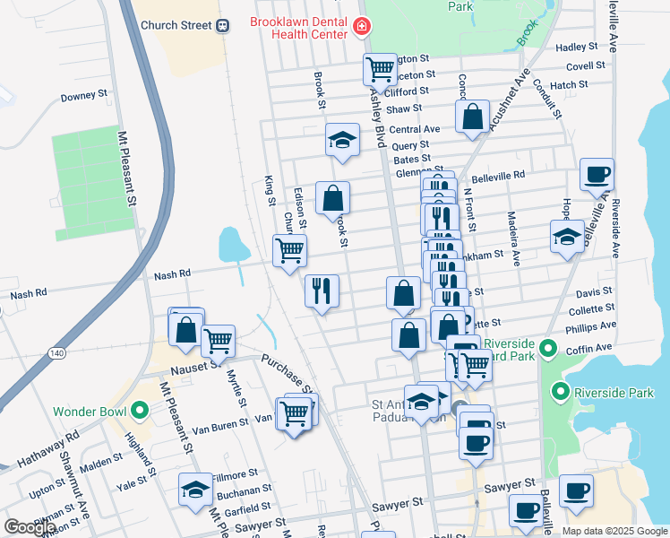 map of restaurants, bars, coffee shops, grocery stores, and more near 295 Tinkham Street in New Bedford
