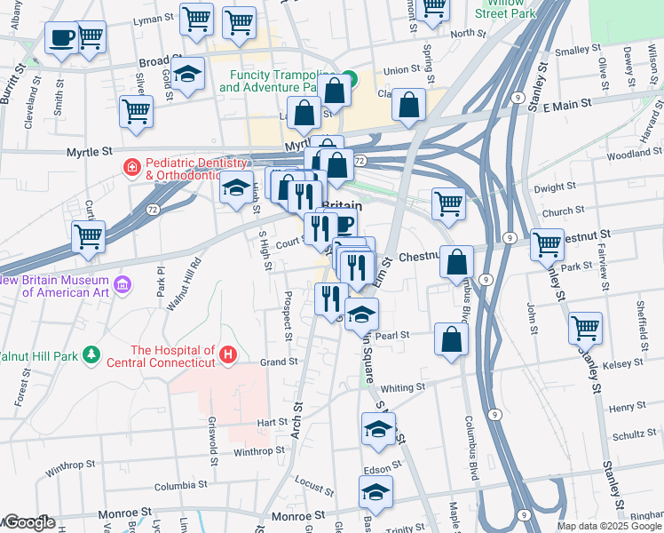 map of restaurants, bars, coffee shops, grocery stores, and more near 70 Arch Street in New Britain