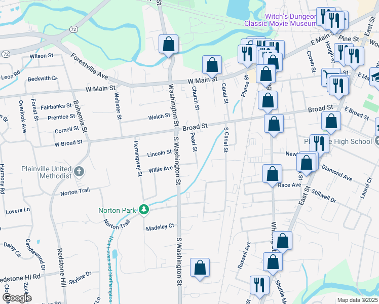 map of restaurants, bars, coffee shops, grocery stores, and more near 42 South Washington Street in Plainville