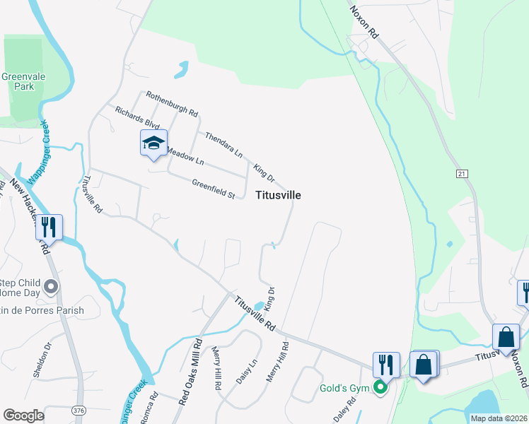 map of restaurants, bars, coffee shops, grocery stores, and more near 115 King Drive in Poughkeepsie