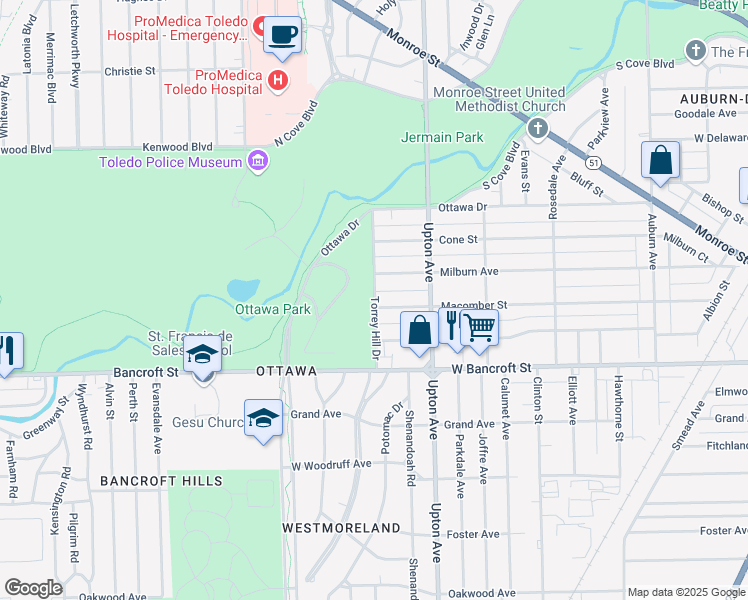 map of restaurants, bars, coffee shops, grocery stores, and more near 1946 Macomber Street in Toledo