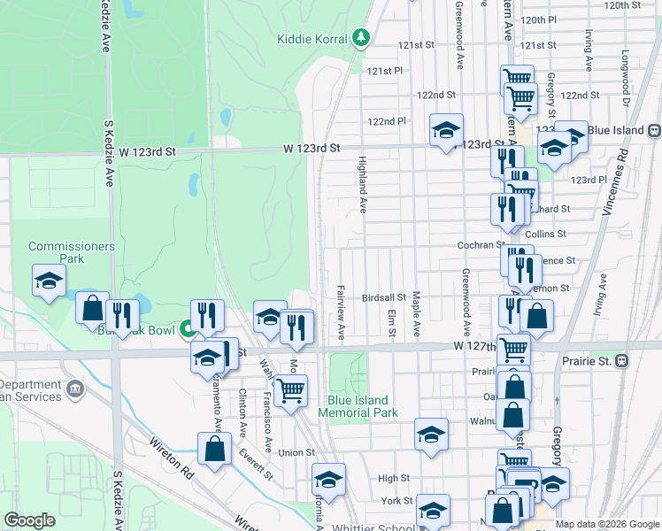 map of restaurants, bars, coffee shops, grocery stores, and more near 12521 Meadow Lane in Blue Island