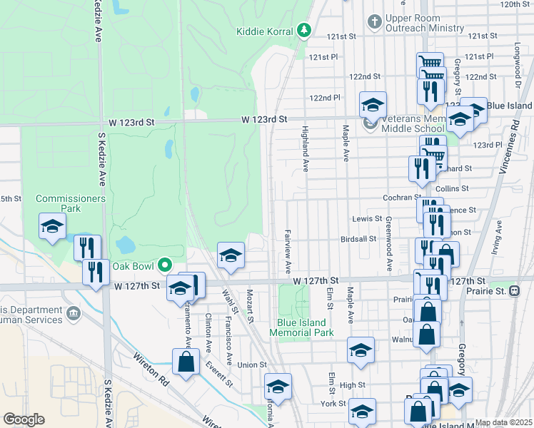 map of restaurants, bars, coffee shops, grocery stores, and more near 12521 Meadow Lane in Blue Island