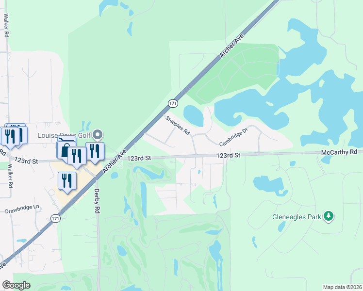 map of restaurants, bars, coffee shops, grocery stores, and more near 13839 Steeple View Lane in Lemont