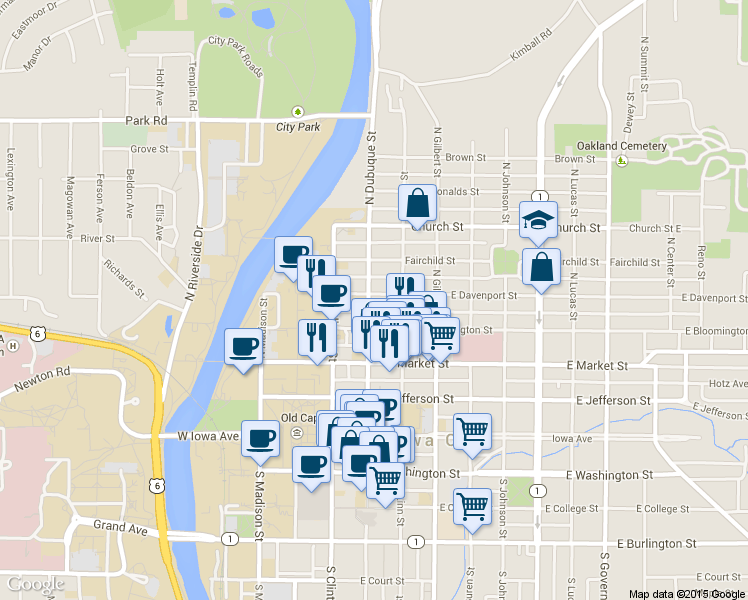 map of restaurants, bars, coffee shops, grocery stores, and more near 326 North Dubuque Street in Iowa City