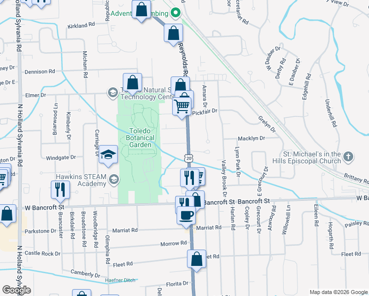 map of restaurants, bars, coffee shops, grocery stores, and more near 2343 North Reynolds Road in Toledo