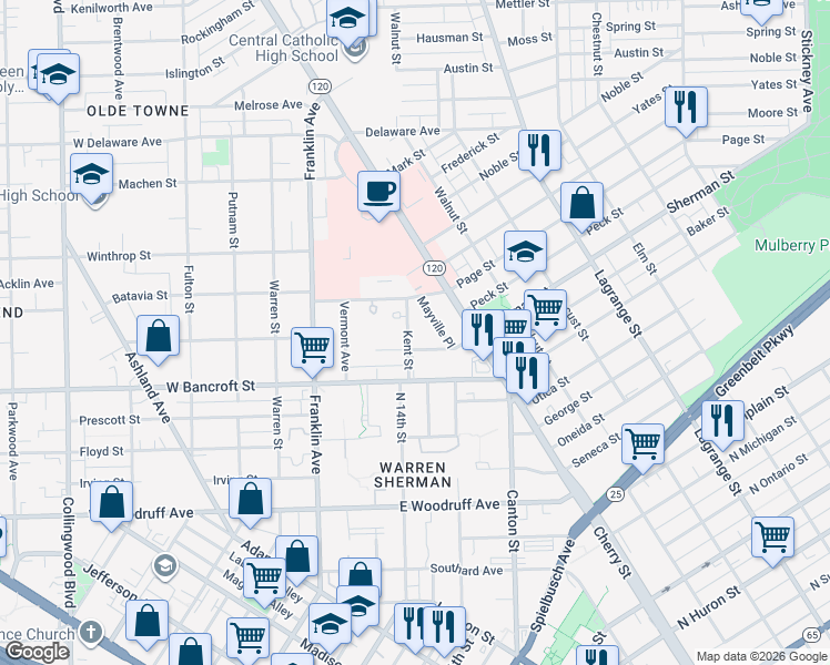 map of restaurants, bars, coffee shops, grocery stores, and more near 2244 Kent Street in Toledo