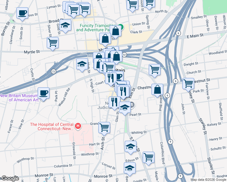 map of restaurants, bars, coffee shops, grocery stores, and more near 70 Arch Street in New Britain