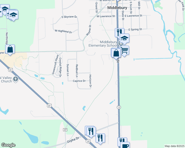map of restaurants, bars, coffee shops, grocery stores, and more near 516 Horizon Dr in Middlebury