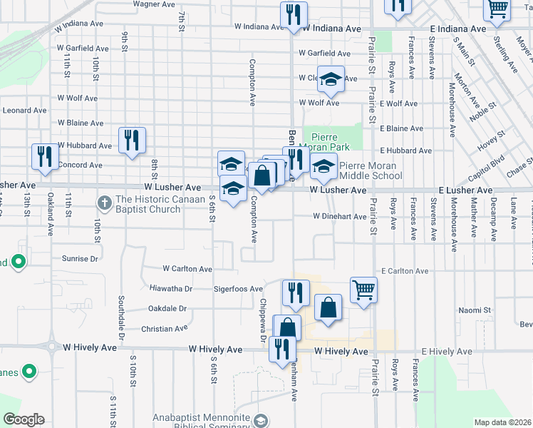map of restaurants, bars, coffee shops, grocery stores, and more near 2100-2198 Compton Avenue in Elkhart