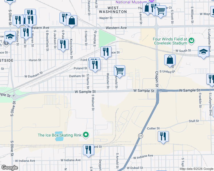 map of restaurants, bars, coffee shops, grocery stores, and more near 1320 Fisher V L in South Bend