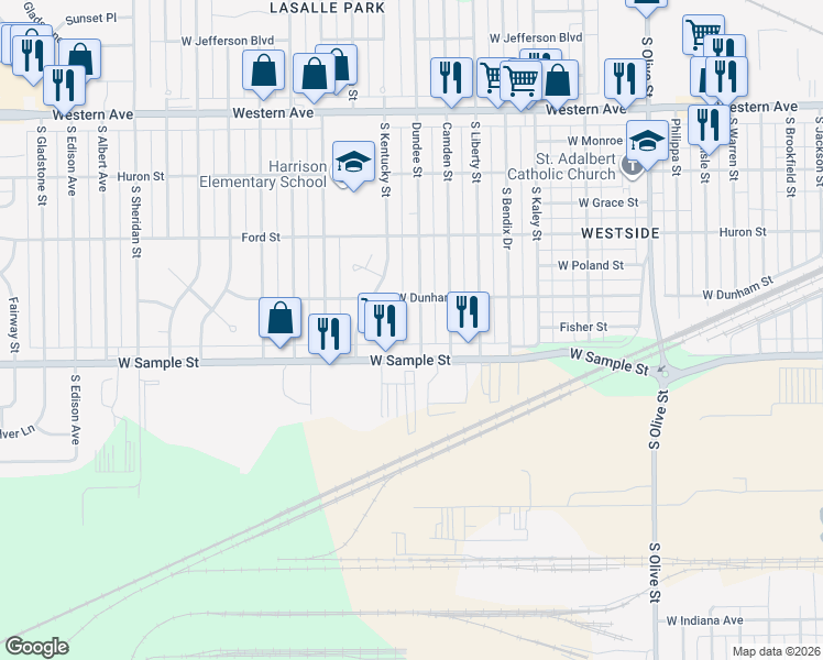 map of restaurants, bars, coffee shops, grocery stores, and more near 834 Dundee Street in South Bend