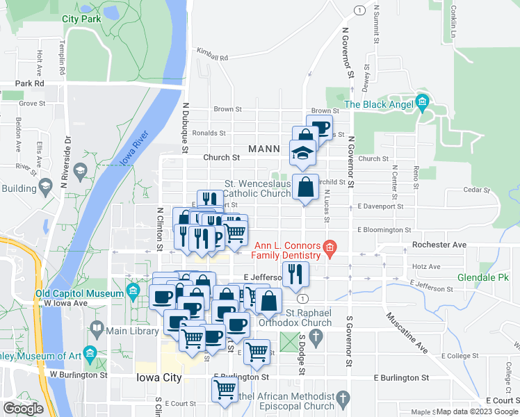 map of restaurants, bars, coffee shops, grocery stores, and more near 332 North Van Buren Street in Iowa City