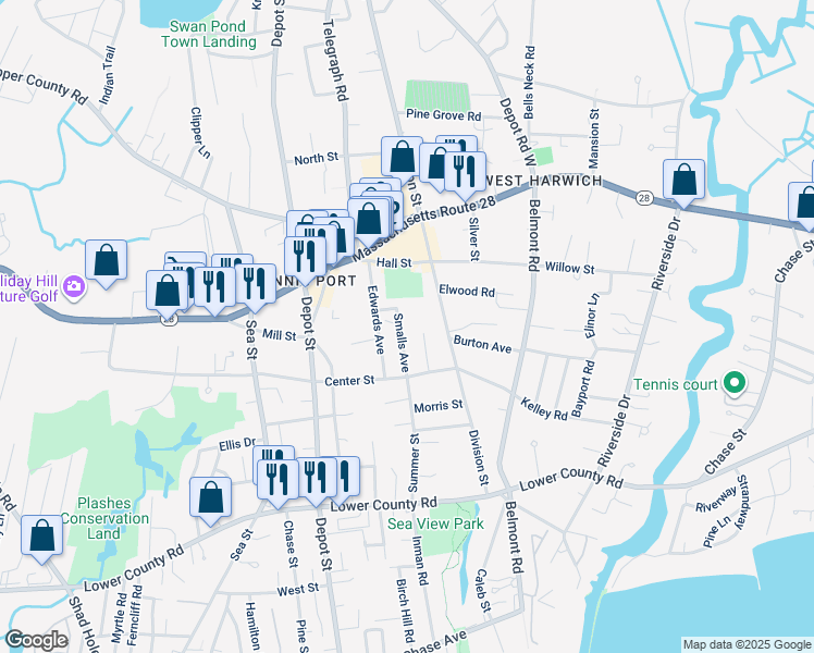 map of restaurants, bars, coffee shops, grocery stores, and more near 26 Smalls Avenue in Dennis