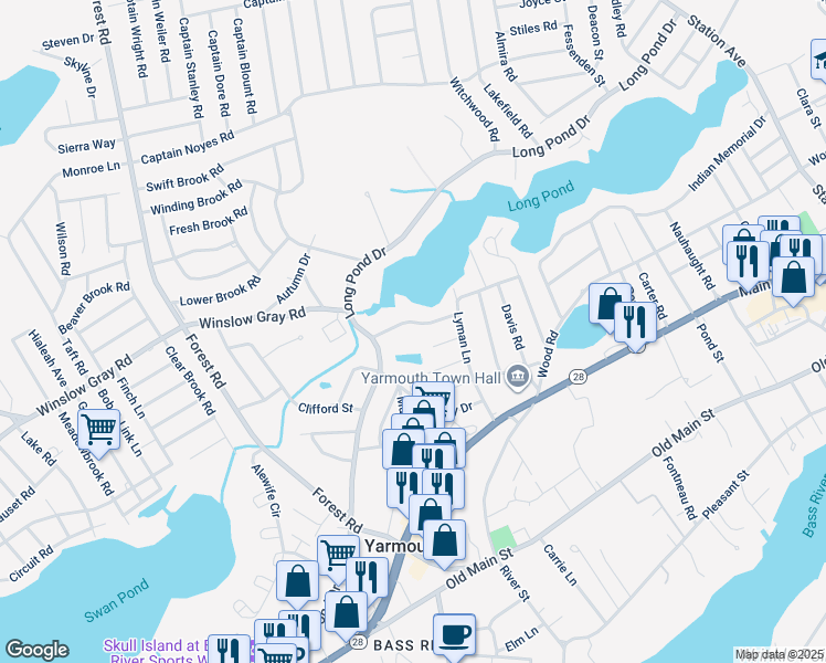 map of restaurants, bars, coffee shops, grocery stores, and more near 21 Turtle Cove Road in Yarmouth