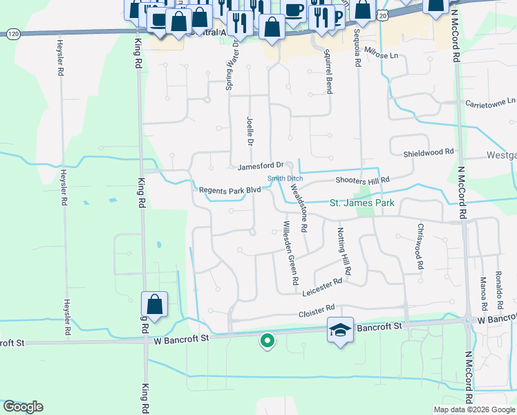 map of restaurants, bars, coffee shops, grocery stores, and more near 2506 Wembley Terrace North in Toledo