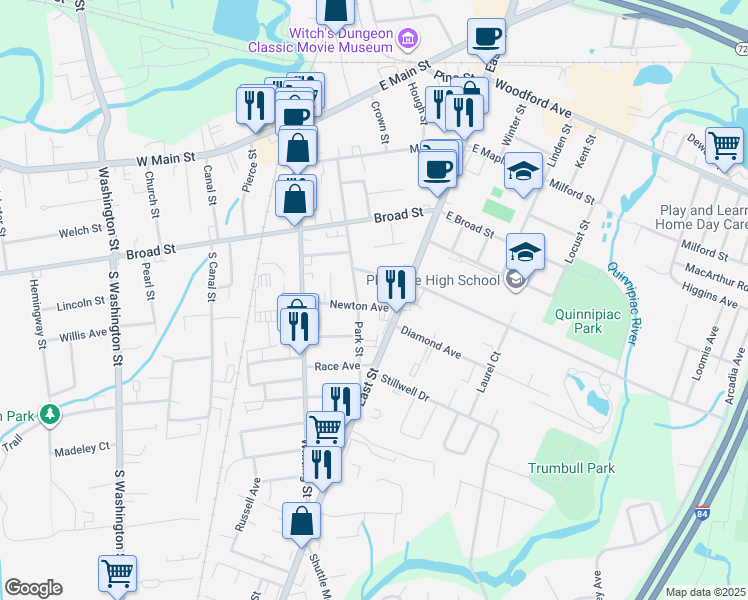 map of restaurants, bars, coffee shops, grocery stores, and more near 21 Newton Avenue in Plainville