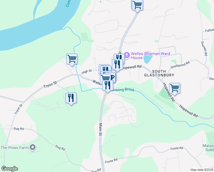 map of restaurants, bars, coffee shops, grocery stores, and more near 865 Main Street in Glastonbury