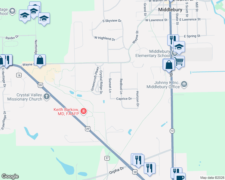 map of restaurants, bars, coffee shops, grocery stores, and more near 520 Sunset Ln in Middlebury