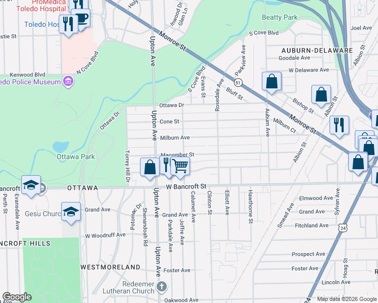 map of restaurants, bars, coffee shops, grocery stores, and more near 1778 Macomber Street in Toledo