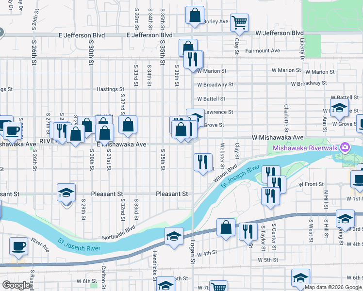 map of restaurants, bars, coffee shops, grocery stores, and more near 3606 East Mishawaka Avenue in South Bend