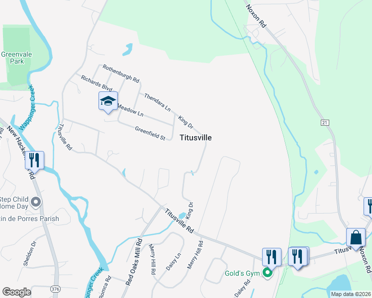 map of restaurants, bars, coffee shops, grocery stores, and more near 115 King Drive in Poughkeepsie