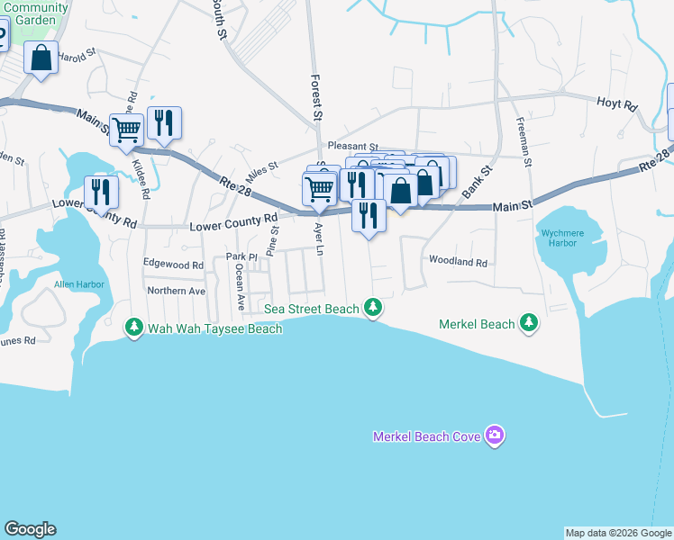 map of restaurants, bars, coffee shops, grocery stores, and more near 20 Pilgrim Road in Harwich