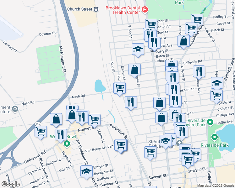 map of restaurants, bars, coffee shops, grocery stores, and more near 115 Church Street in New Bedford