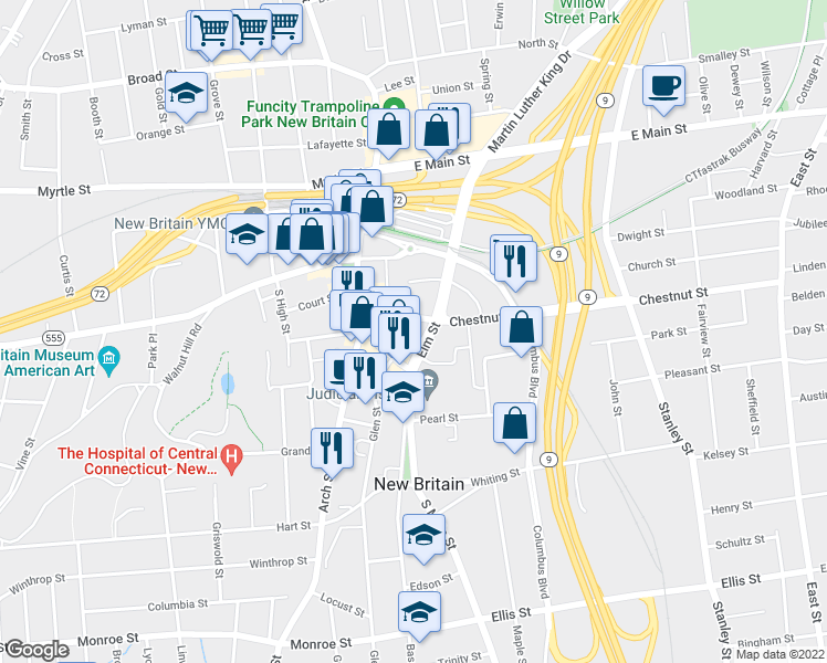 map of restaurants, bars, coffee shops, grocery stores, and more near 55 Chestnut St in New Britain