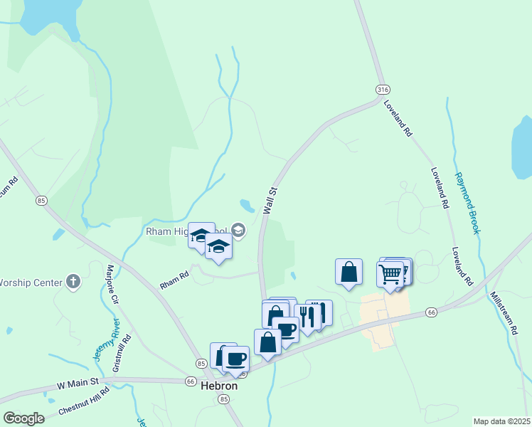 map of restaurants, bars, coffee shops, grocery stores, and more near 85 Wall Street in Hebron