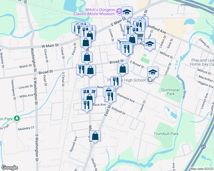 map of restaurants, bars, coffee shops, grocery stores, and more near 21 Newton Avenue in Plainville