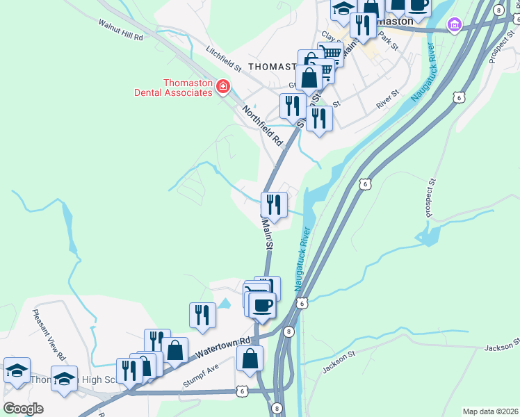 map of restaurants, bars, coffee shops, grocery stores, and more near 340 South Main Street in Thomaston