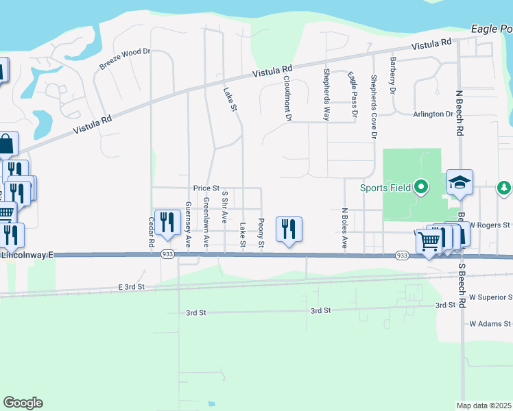 map of restaurants, bars, coffee shops, grocery stores, and more near 301 Peony Street in Osceola