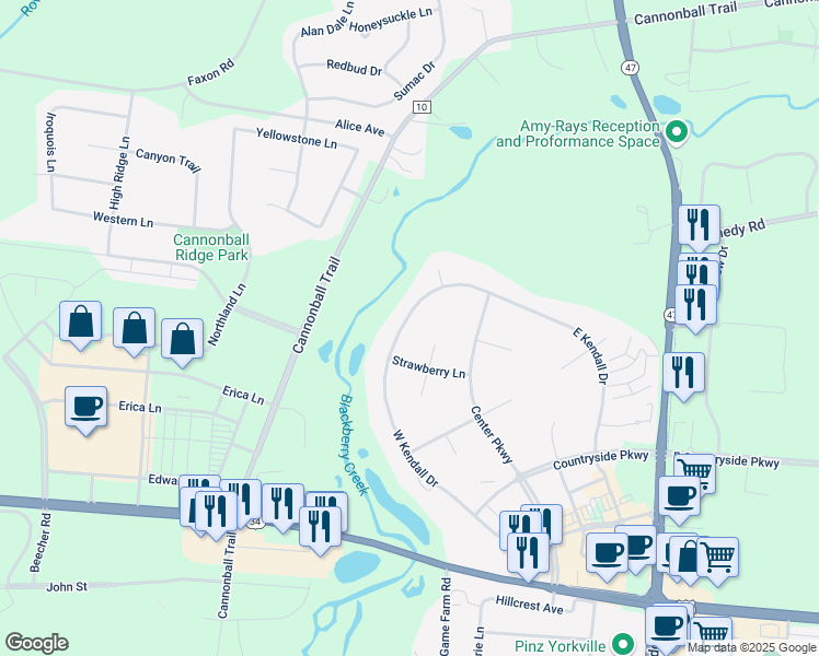 map of restaurants, bars, coffee shops, grocery stores, and more near 214 West Kendall Drive in Yorkville