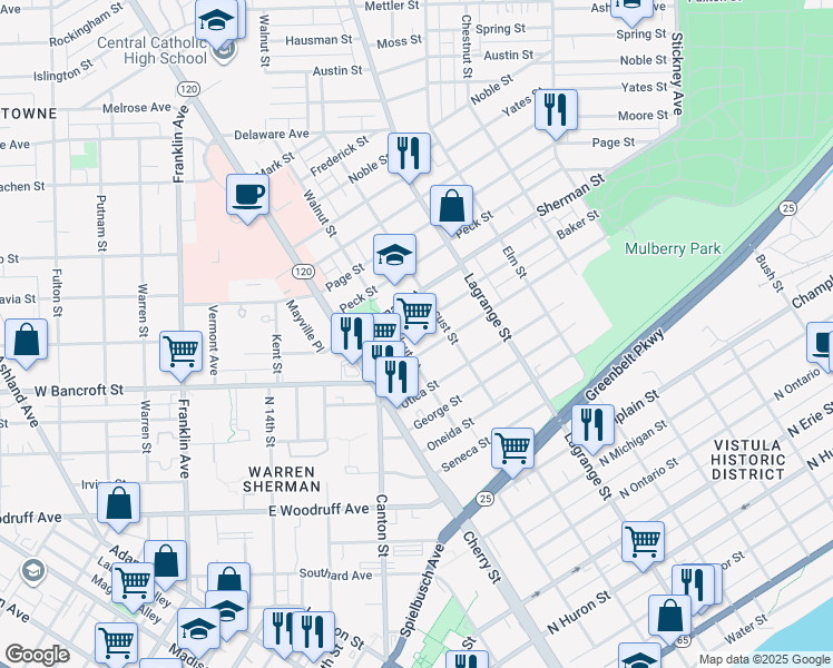 map of restaurants, bars, coffee shops, grocery stores, and more near 812 Baker Street in Toledo