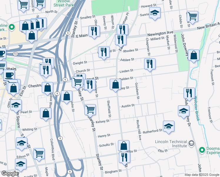 map of restaurants, bars, coffee shops, grocery stores, and more near 15 Cliff Street in New Britain