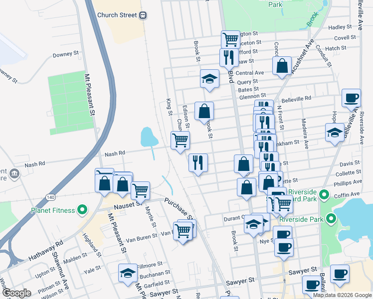 map of restaurants, bars, coffee shops, grocery stores, and more near 331 Tinkham Street in New Bedford