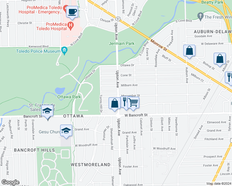 map of restaurants, bars, coffee shops, grocery stores, and more near 1904 Macomber Street in Toledo