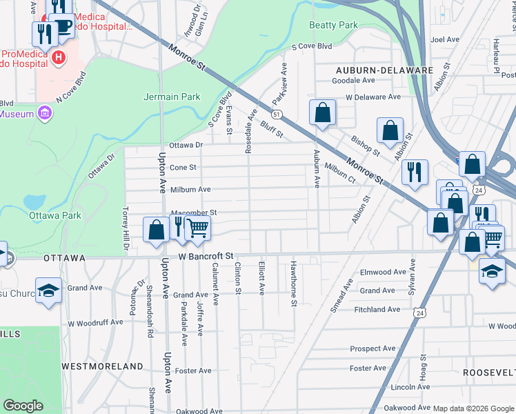 map of restaurants, bars, coffee shops, grocery stores, and more near 1661 Macomber Street in Toledo