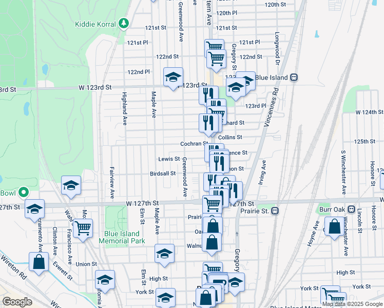 map of restaurants, bars, coffee shops, grocery stores, and more near 2456 Lewis Street in Blue Island