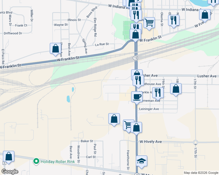 map of restaurants, bars, coffee shops, grocery stores, and more near 28184 Fieldhouse Avenue in Elkhart