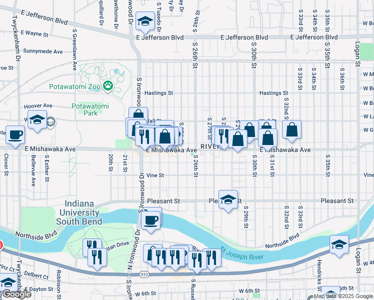 map of restaurants, bars, coffee shops, grocery stores, and more near 2520 East Mishawaka Avenue in South Bend