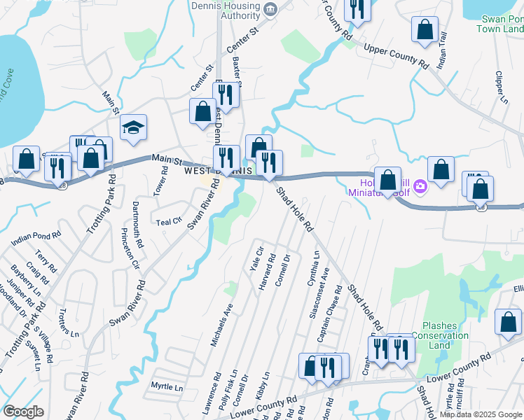 map of restaurants, bars, coffee shops, grocery stores, and more near 25 Lone Tree Road in Dennis