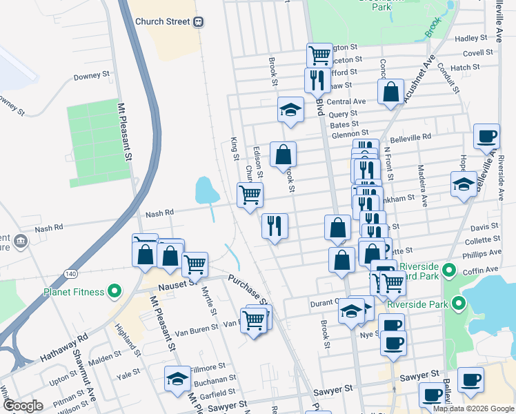map of restaurants, bars, coffee shops, grocery stores, and more near 331 Tinkham Street in New Bedford