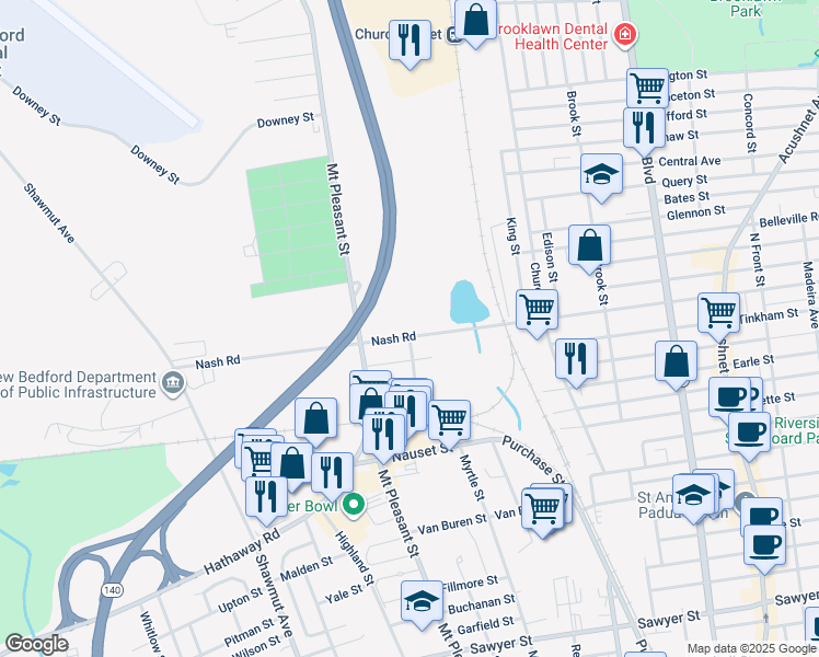 map of restaurants, bars, coffee shops, grocery stores, and more near 501 Nash Road in New Bedford
