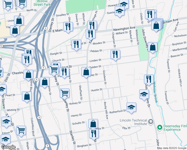 map of restaurants, bars, coffee shops, grocery stores, and more near 451 East Street in New Britain