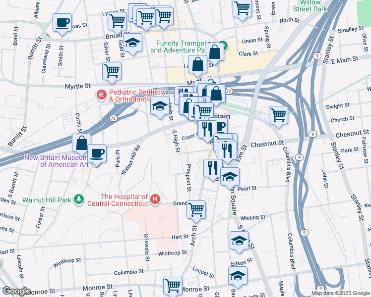map of restaurants, bars, coffee shops, grocery stores, and more near 69 Walnut Street in New Britain
