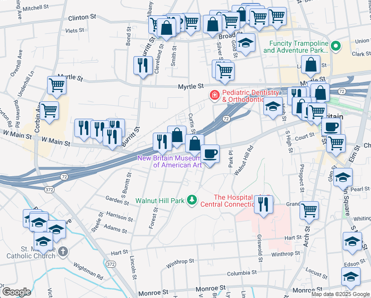 map of restaurants, bars, coffee shops, grocery stores, and more near 359 West Main Street in New Britain